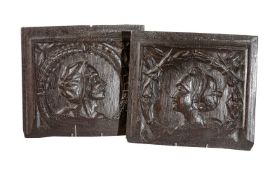 A pair of relief carved oak Romayne panels, probably Franco-Flemish