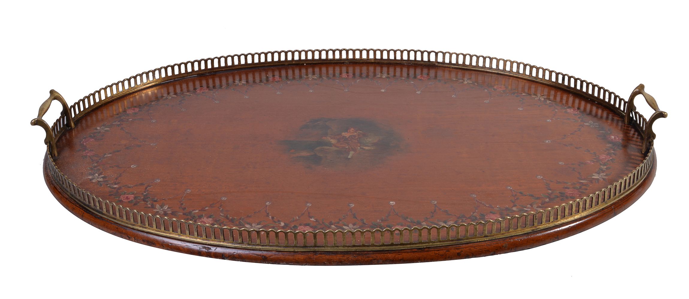 A gilt metal mounted and polychrome painted satinwood twin handled tray - Image 3 of 3