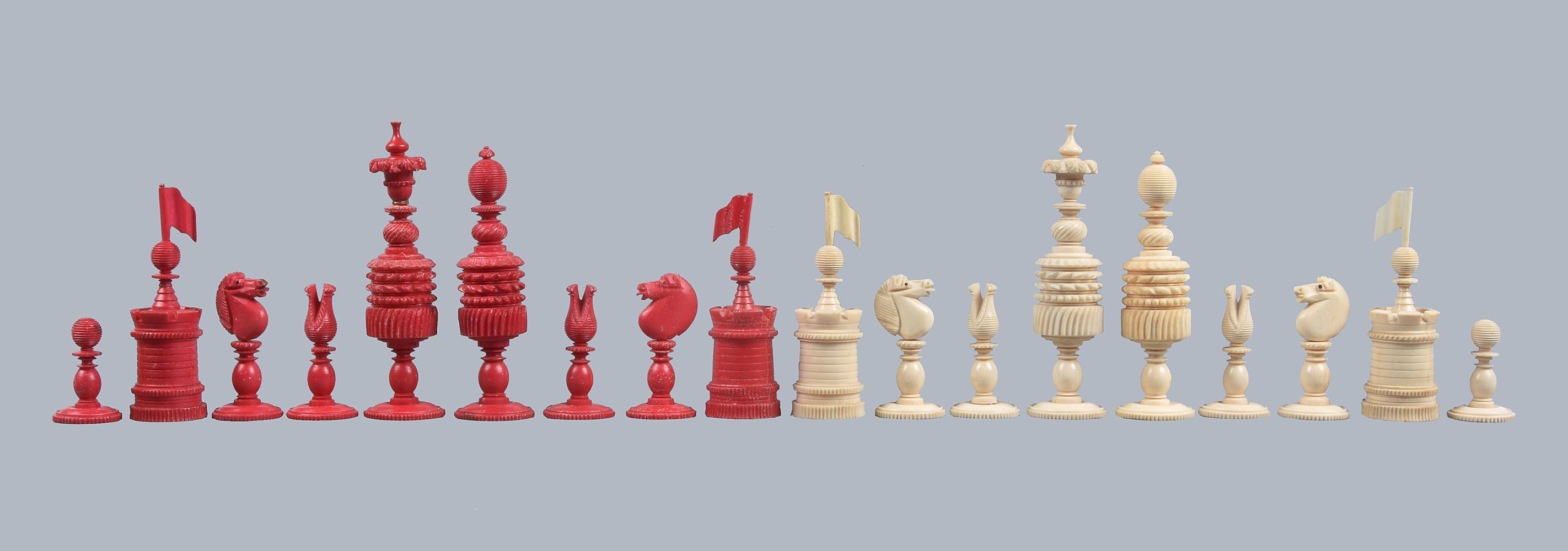 An English turned bone Barleycorn pattern chess set