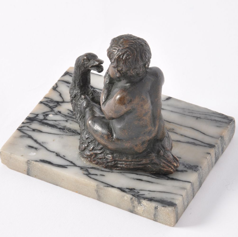 An Italian, probably Venetian or Paduan, patinated bronze group of a putto on a swan - Image 2 of 2