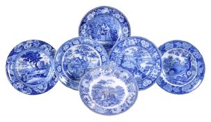 Six blue and white printed pearlware soup plates