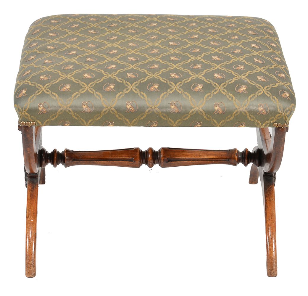 A Victorian walnut and upholstered X-frame stool - Image 2 of 3