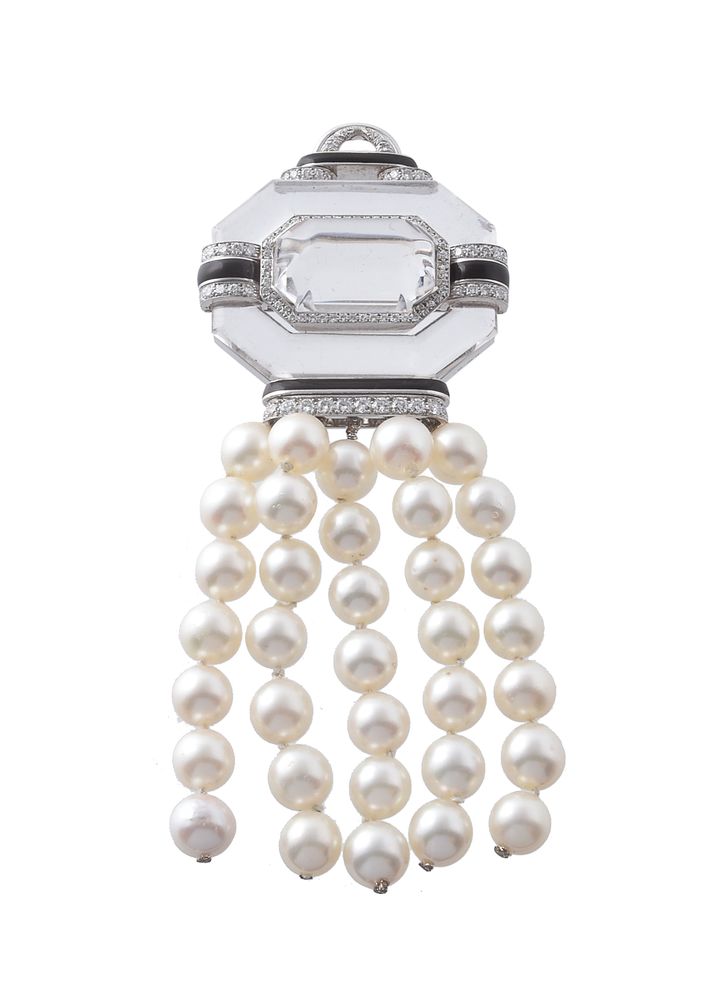 A rock crystal, diamond, cultured pearl and enamel brooch/pendant by David Webb