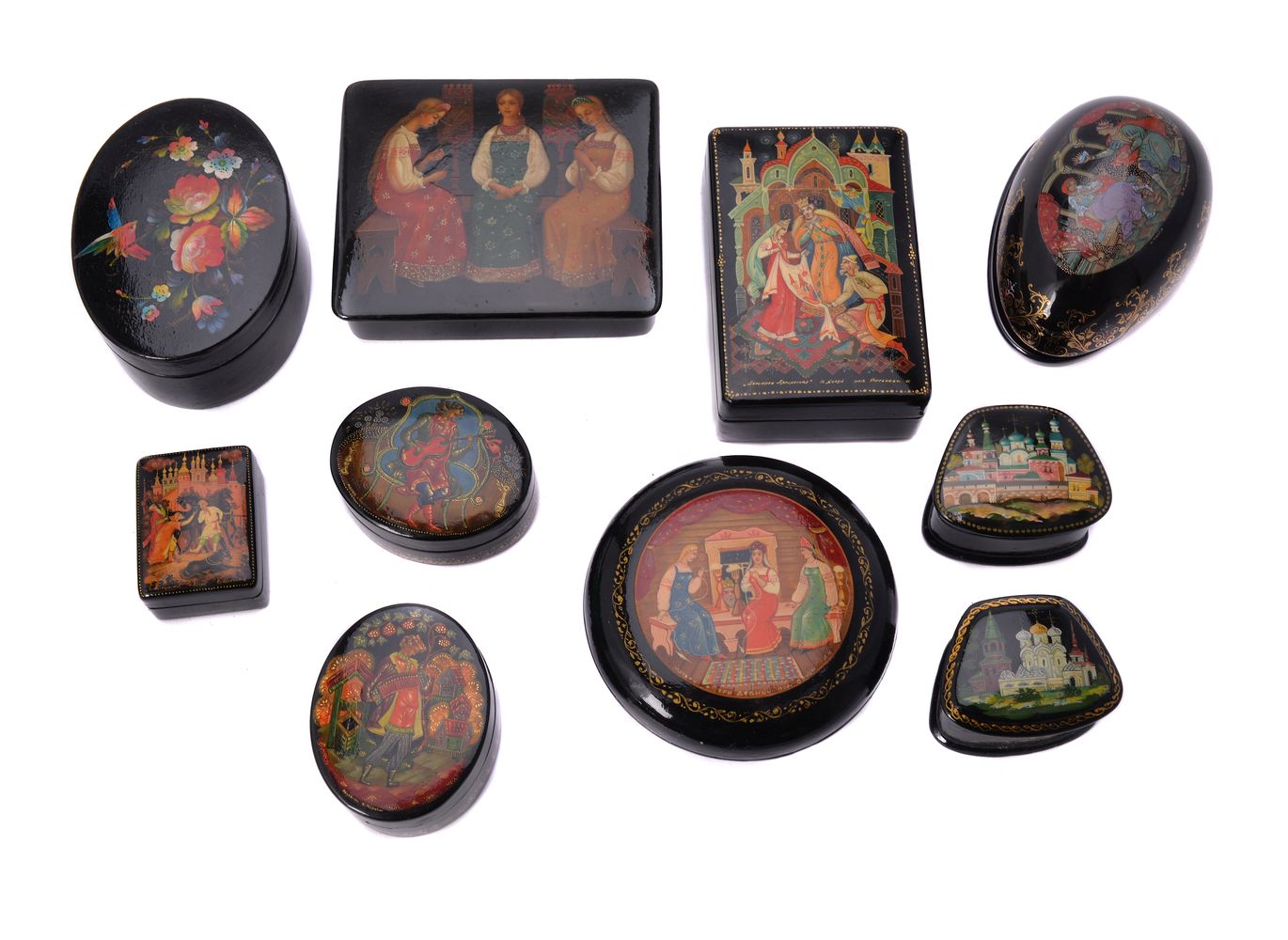 Nine Soviet Russian painted lacquer boxes