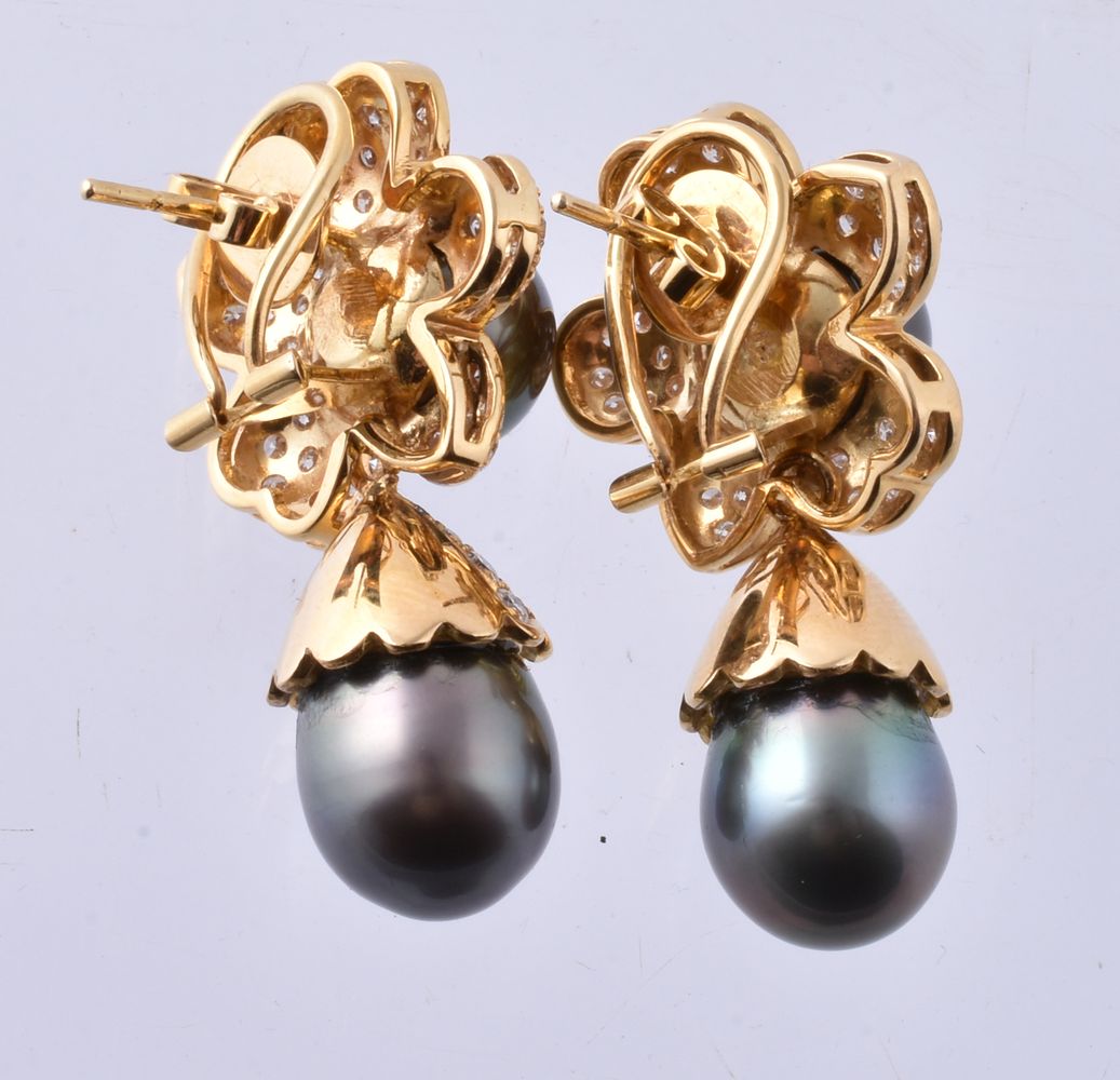 A pair of Tahitian cultured pearl and diamond earrings - Image 3 of 3