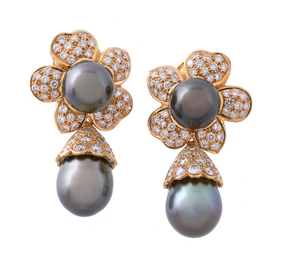 A pair of Tahitian cultured pearl and diamond earrings