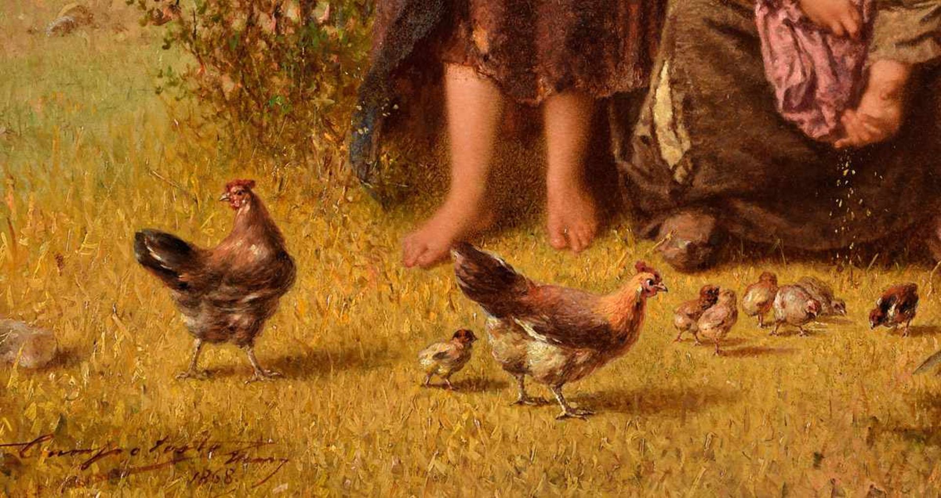 Campotosto, Henry Joseph 1833 Brüssel - 1910 LondonFütterung der Hühner.Signiert. Dat. 1868. Öl/ - Bild 3 aus 4