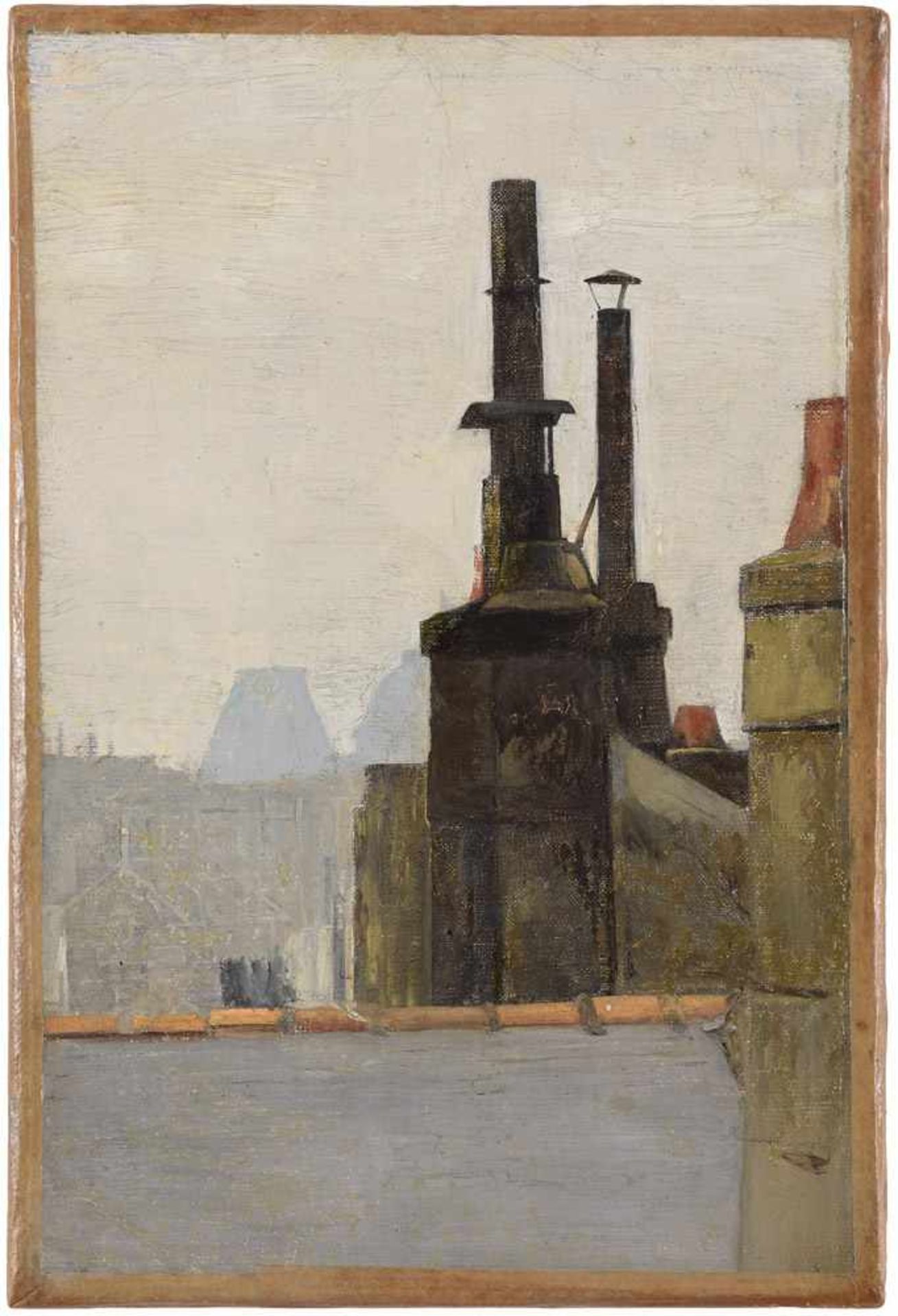 Französischer Meister Anfang 19. Jhdt.Blick über die Dächer von Paris.Öl/Lwd./doubl., 25,5 x 17 cm.