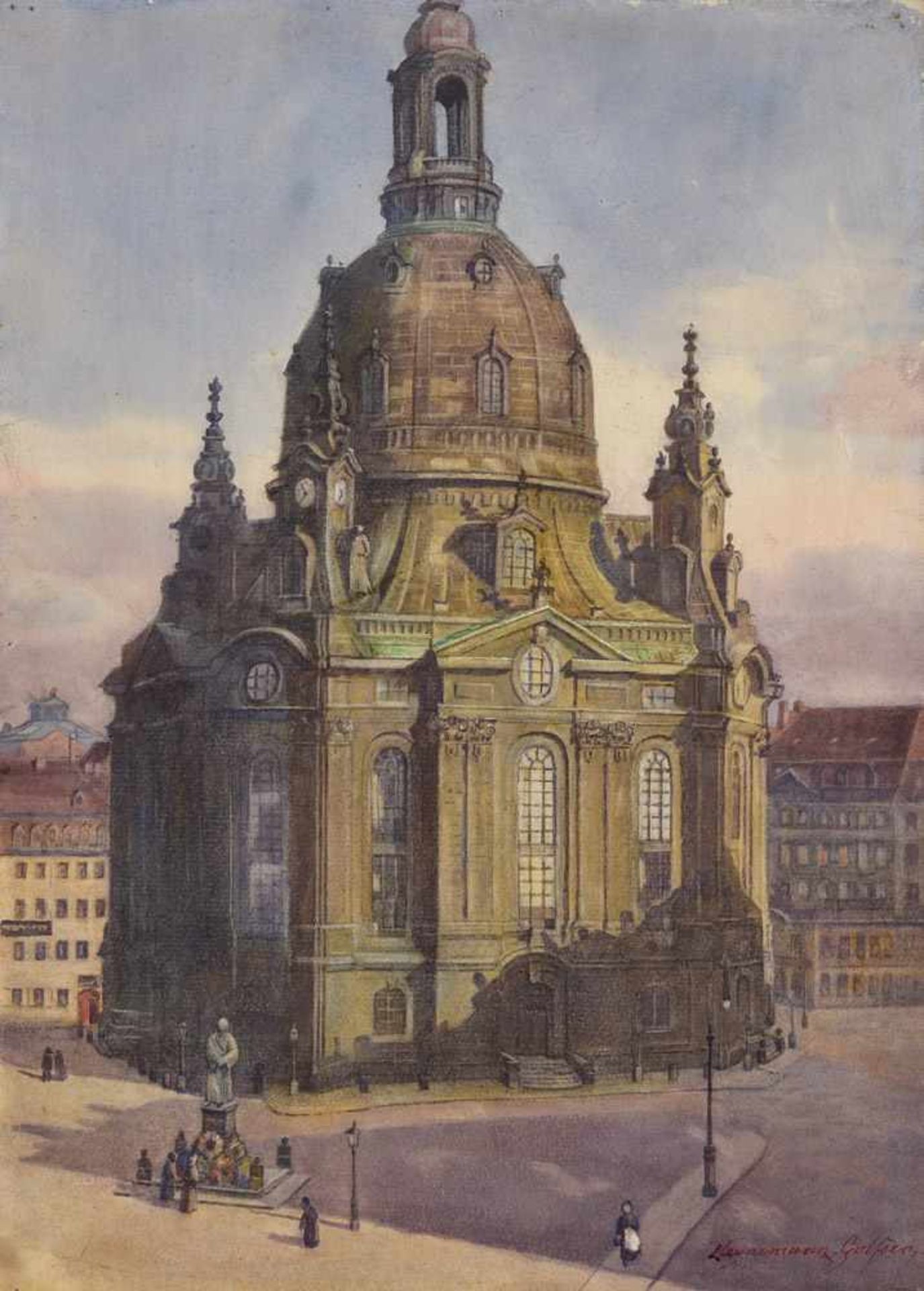 Undeutlich signiert Um 1900Die Frauenkirche zu Dresden.Aquarell. 38 x 27,5 cm.