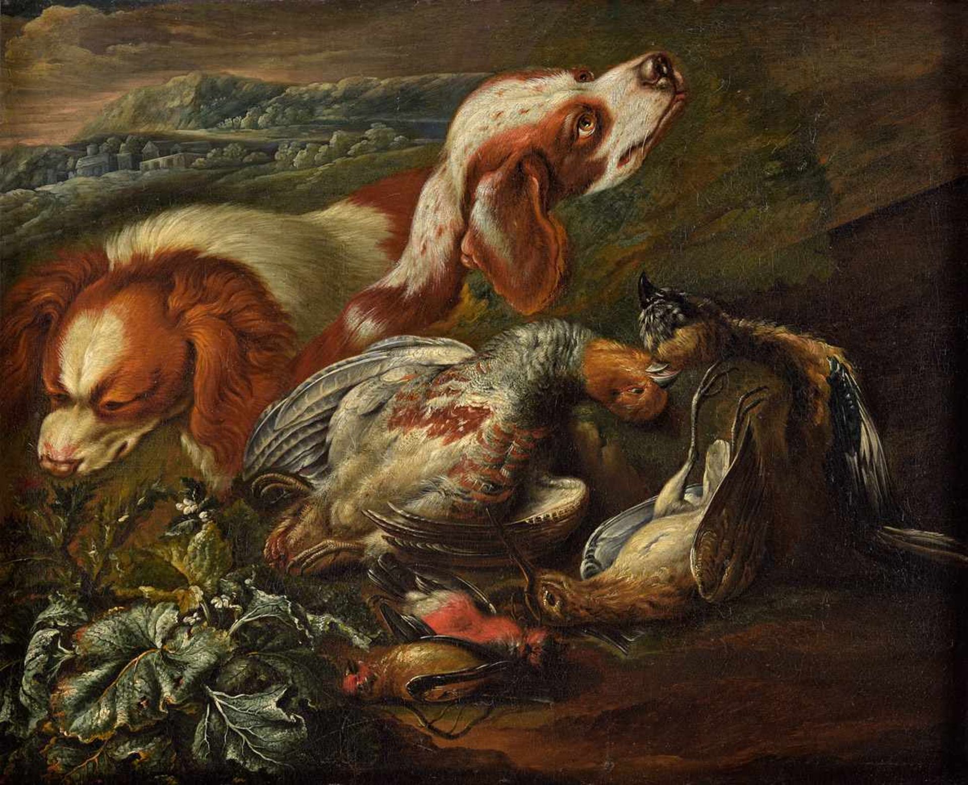 Italienischer Meister 17./18. Jhdt.Jagdstillleben mit Hunden.Öl/Lwd./doubl., 55 x 70 cm.