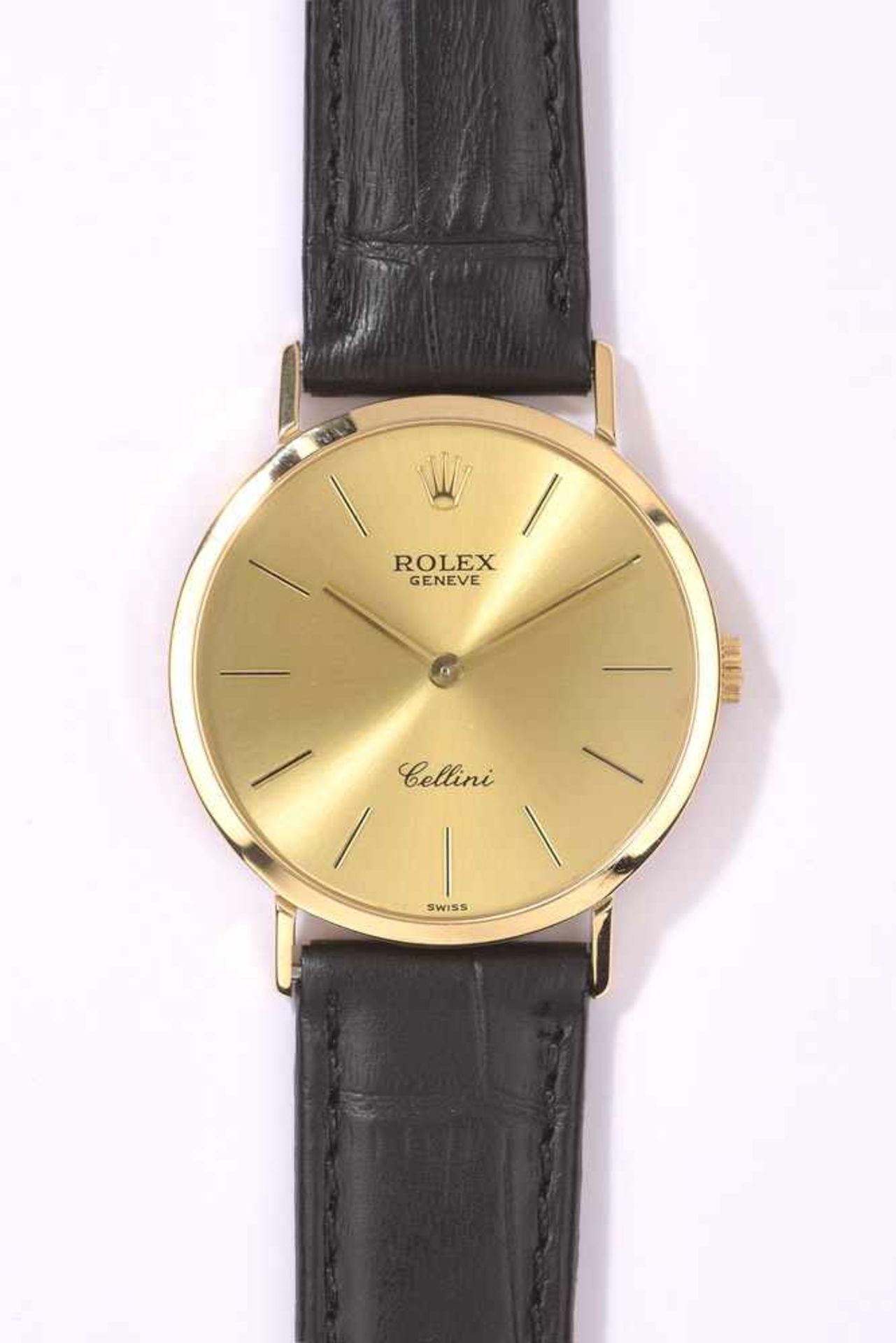 Herrenarmbanduhr von Rolex, Cellini750-Goldgehäuse. Lederband mit Originaler 750-Goldschließe. Guter