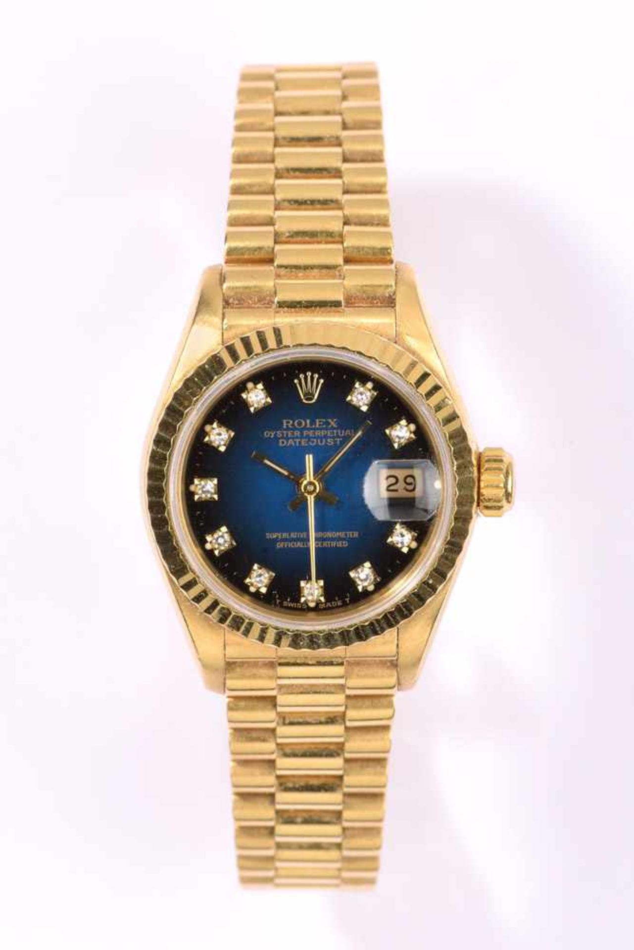 Damenarmbanduhr von Rolex, Oyster Perpetual, Date Just750-Goldgehäuse und -armband. Guter Zustand.