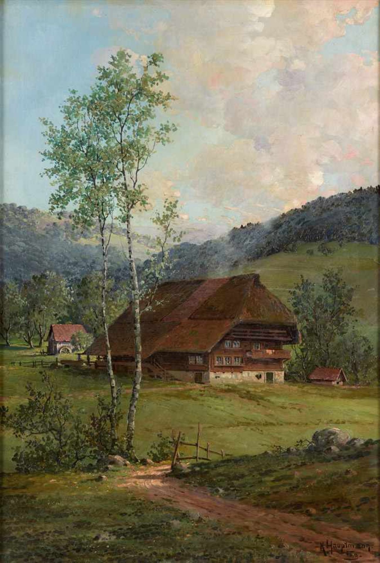 Hauptmann, Karl 1880 Freiburg - 1947 TodtnauFrühling im Schwarzwald.Signiert. Öl/Lwd., 100 x 68 cm.