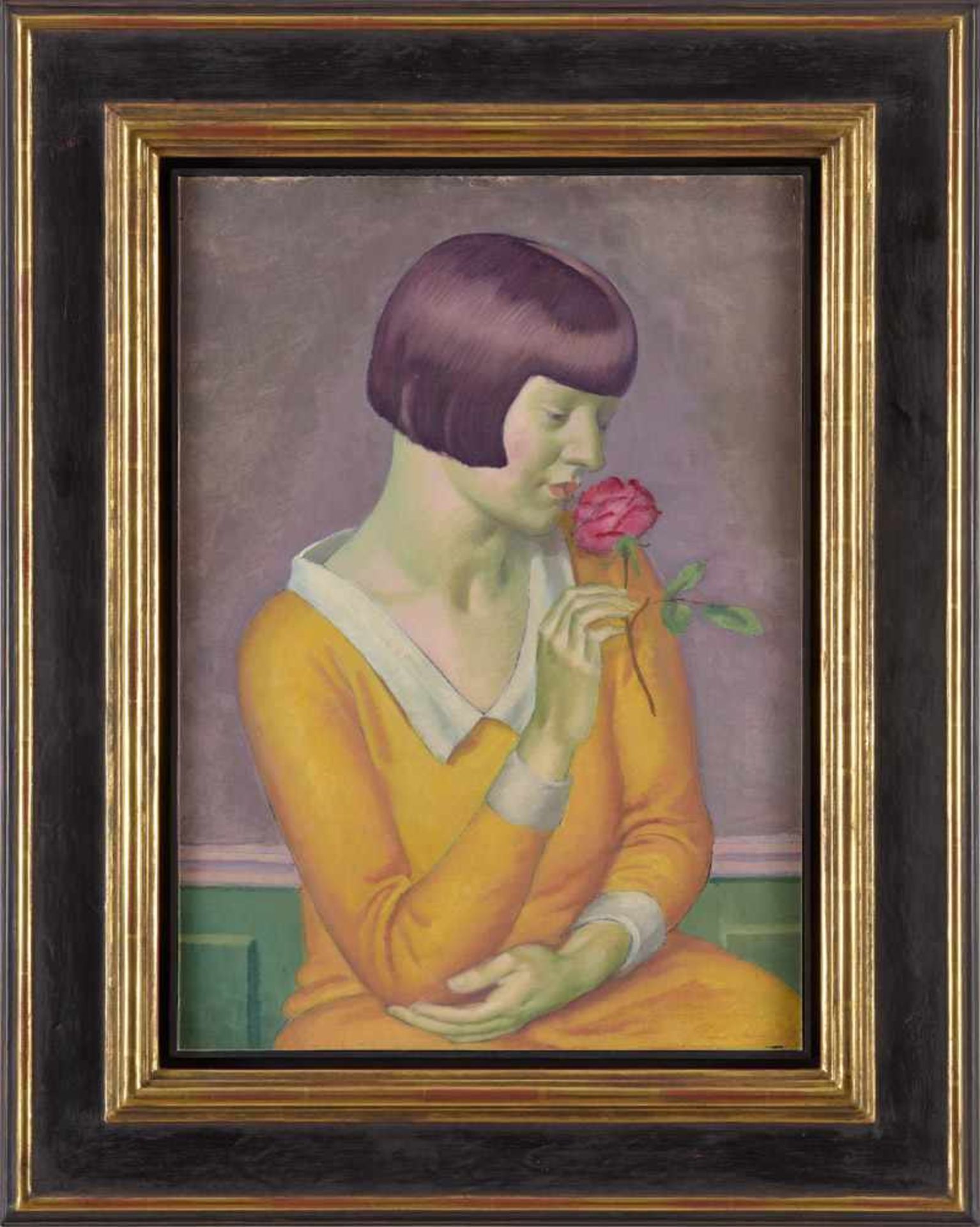 Unbekannter Meister 20er JahreJunge Frau mit Rose.Öl/Malk., 56 x 40 cm.