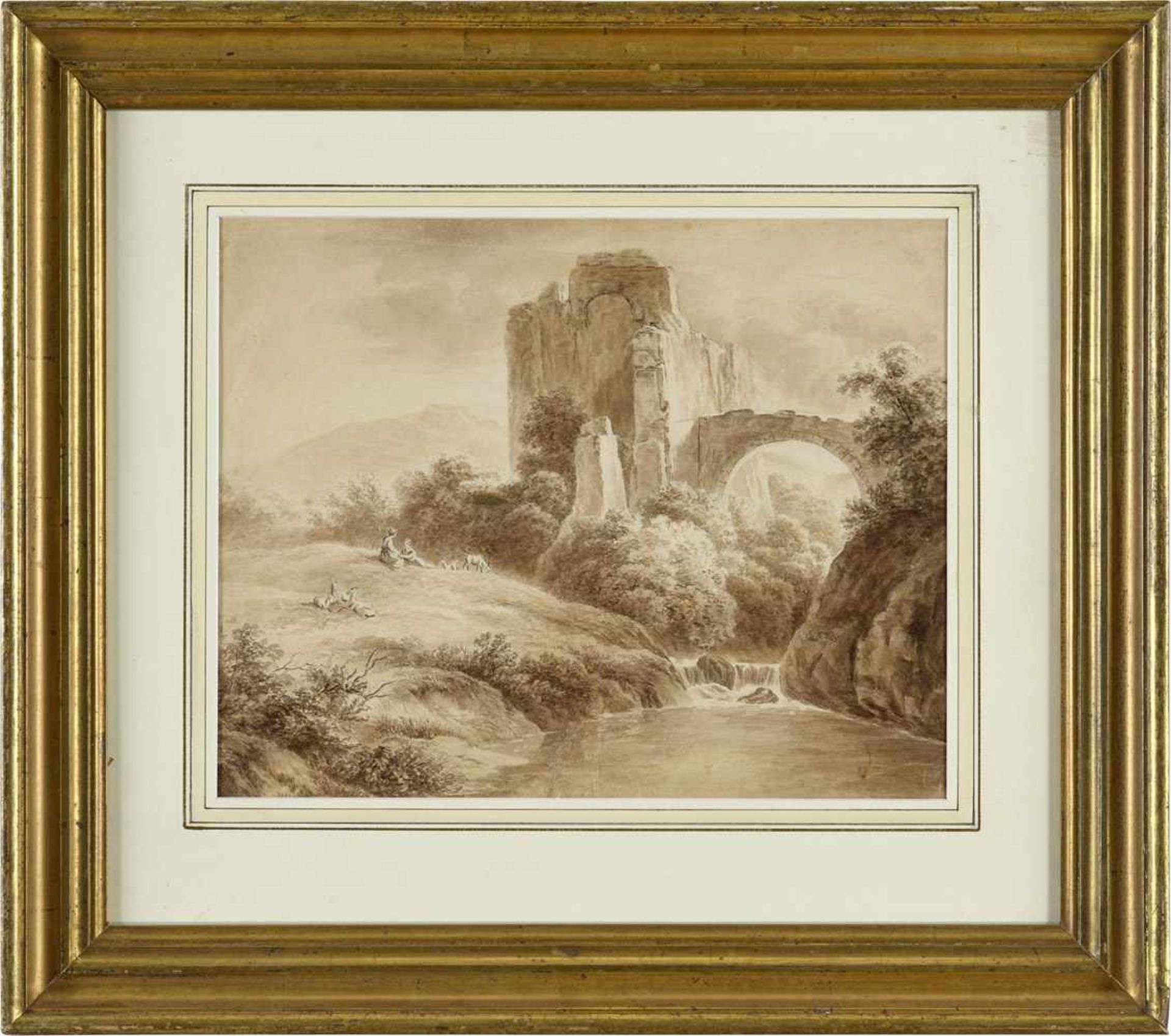 Unbekannter Meister Um 1800Ruinenlandschaft mit Wasserfall.Aquarell. 32 x 38 cm. - Bild 2 aus 2