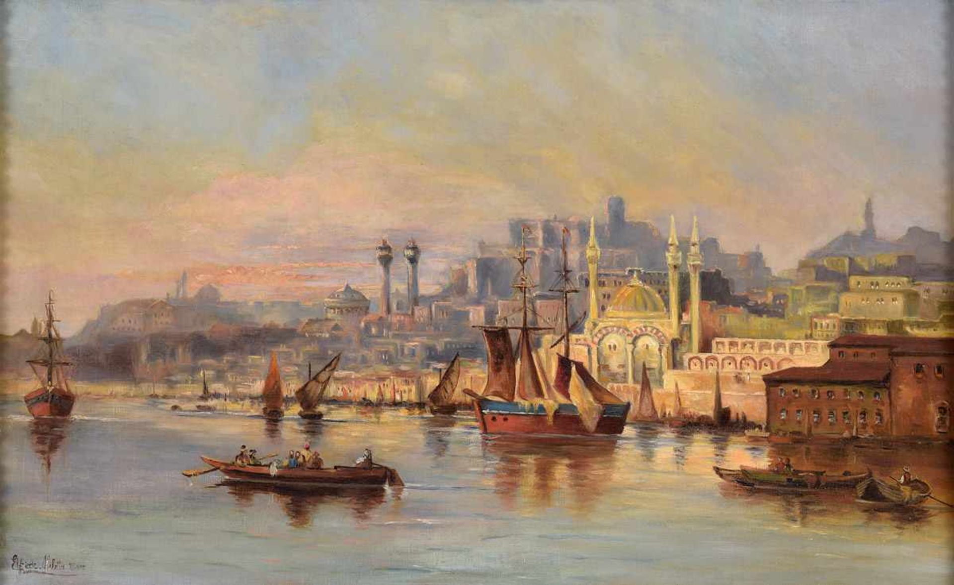 Undeutlich signiert Datiert 1895Ansicht von Istanbul.Öl/Lwd., 50 x 80 cm.