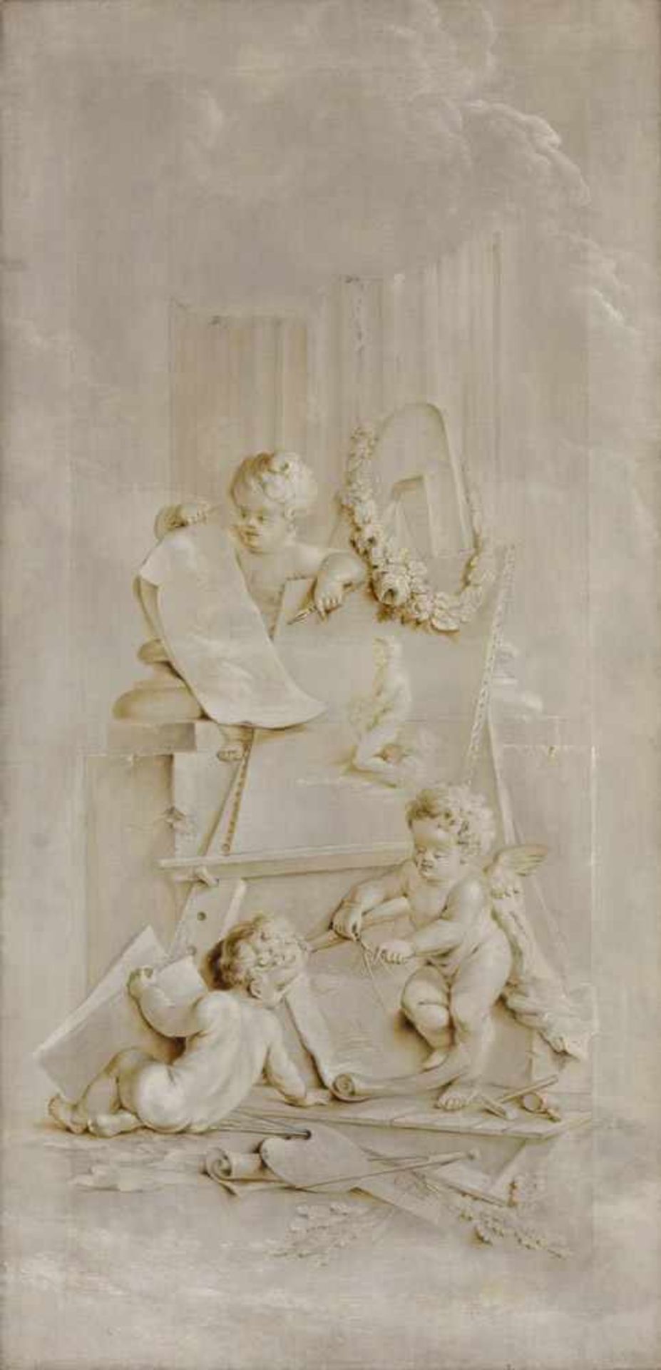 Niederländischer Meister 17./18. Jhdt.Allegorie der Künste.Öl en grisaille/Lwd., 204 x 98 cm.