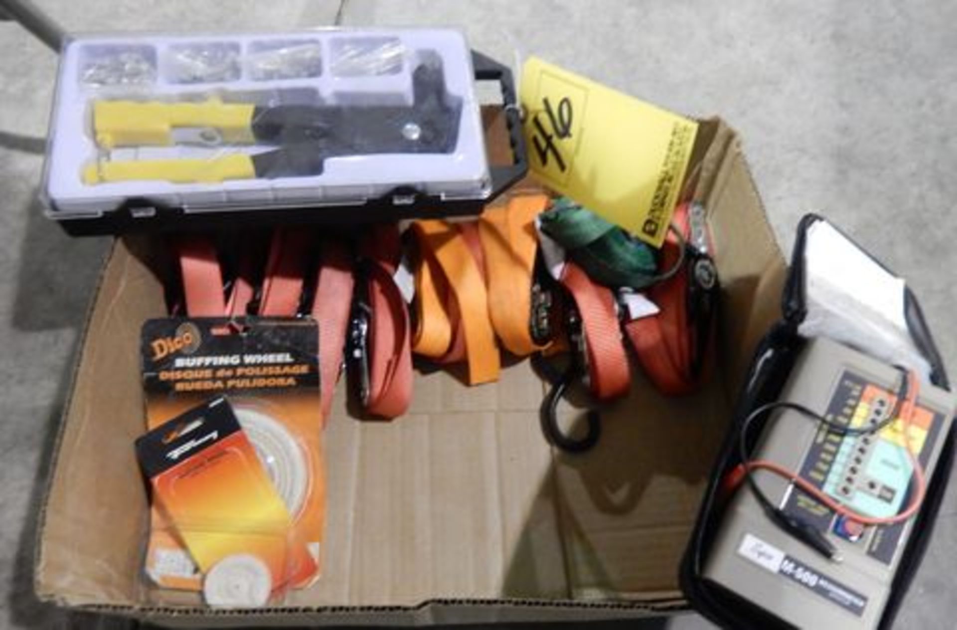 LOT MISC. TO INCLUDE CARGO STRAPS, HAND RIVETER, ELECTRICAL TESTER, ETC.
