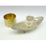 Silver navette shape inkstand with a glass inkwell with silver cover L17cms Chester 1904 Maker: W