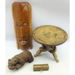 African hardwood tripod table with carved top and folding stand, African mask, H52cm,