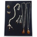 Silver contemporary design amber necklace and matching ear-rings,