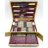Late Victorian silver-plated canteen of cutlery comprising twelve table knives and forks,