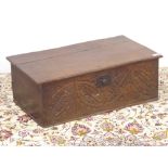 17th century oak Bible box, front carved with oak leaves, hinged lid,