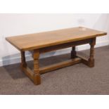 Medium oak rectangular oak coffee table, turned supports, labelled 'Marsh Nicholson...