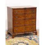 Reproduction figured walnut serpentine front chest, four graduating drawers, bracket feet, W77cm,