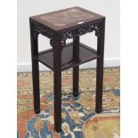Chinese hardwood two tier occasional table, inset red marble top, pierced scroll carved moulds,