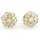 Pair of silver-gilt opal flower ear-rings,