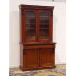 Victorian mahogany bookcase on cupboard, projecting cornice above two arch glazed doors,