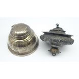 Domed silver inkwell with hinged cover and of fluted design H 7cms Birmingham 1935 and part of a