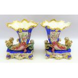 Pair of Jacob Petit porcelain cornucopia vases decorated in relief with gilded acanthus leaves,