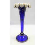 19th century Bohemian blue glass trumpet shaped vase with fold over leaf pattern rim and gilded