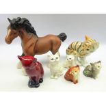Royal Doulton Flambe model of a seated cat, Beswick cantering shire horse,