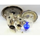 Victorian four piece tea set on later silver-plated galleried tray, Royal Doulton crystal decanter,