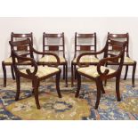 Set six (4+2) Regency style mahogany dining chairs, inlaid brass top and middle rails,