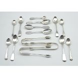 Three York silver tea spoons, various others and 3 pairs of silver sugar tongs 10.