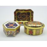 Royal Crown Derby 'Old Imari' oval box and small tray and another Royal Crown Derby hexagonal box