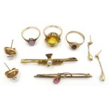 Gold pearl set thistle brooch, citrine ring, agate ring and pair of ear-rings, all stamped 9ct,