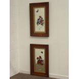 Pair early 20th century oak framed mirrors, with bevelled urns and floral hand painted decoration,