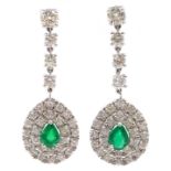 Pair of 18ct white gold, pear shaped emerald and diamond pendant ear-rings, hallmarked, emeralds 1.