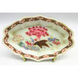 Chinese Quianlong famille rose shaped oval spoon tray painted with linghzi L12cms
