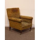 19th century beech framed armchair, deep seat, turned supports with brass castors,