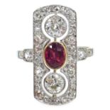 18ct gold and platinum (tested) ruby and old cut diamond panel ring