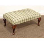 Rectangular beech framed footstool upholstered in checkered fabric, on cabriole feet, 79cm x 48cm,