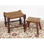 19th century elm stool and a 20th century elm stool with rush seat