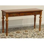 Reproduction walnut console side table with three drawers, W121cm, H69cm,