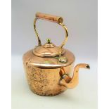 Victorian copper kettle with brass makers label,